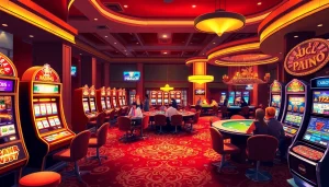 Experience the thrill of PGSLOT51 as players engage with interactive slot machines in a vibrant casino setting.